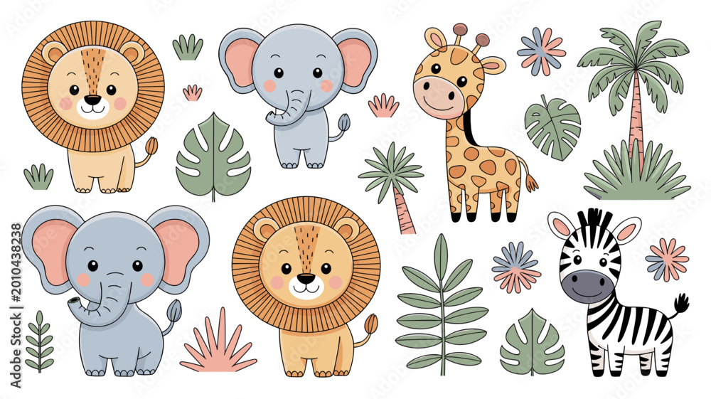 Naklejka premium Sell Pricing ProfileAllSearchMy Libraries Free trial: Get 10 stock images, plus AI editing toolsSafari animals and vegetation collection with cute elements isolated on white, baby kids nurse