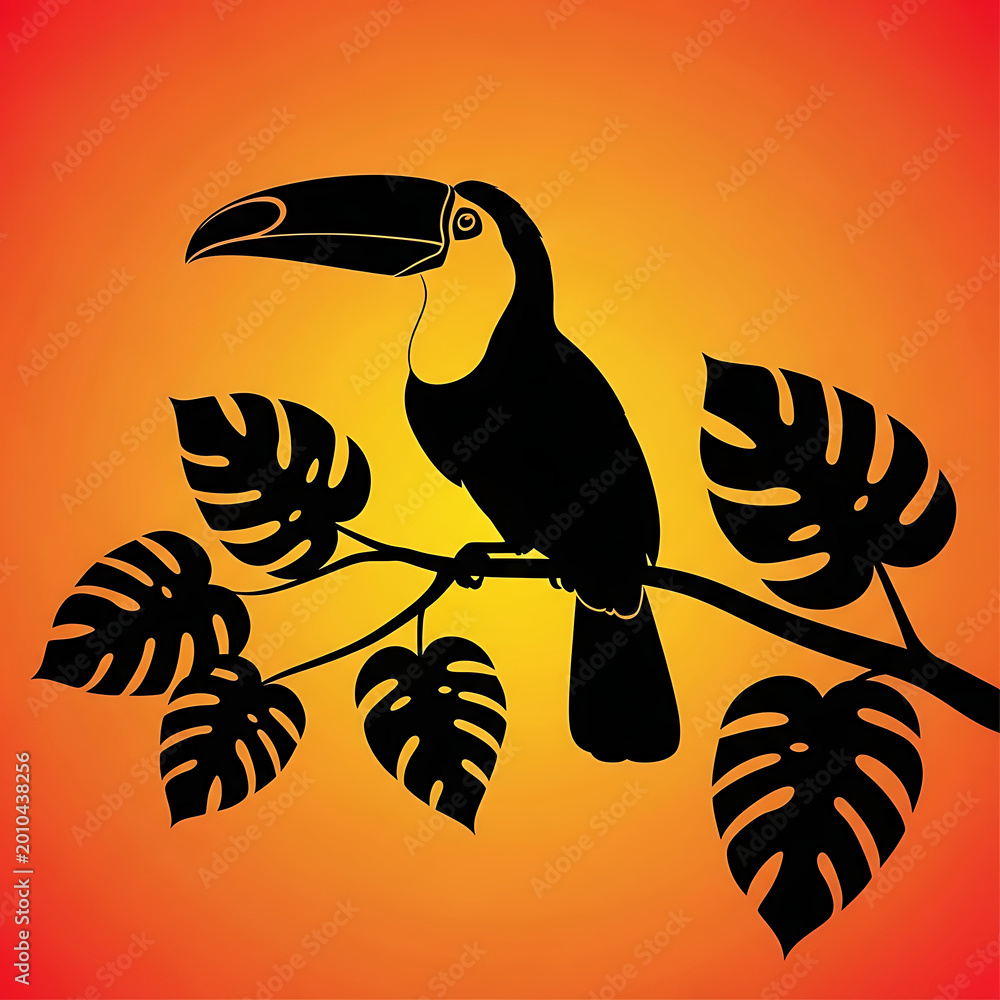 Fototapeta premium Tropical toucan silhouette on monstera branch, exotic bird illustration with sunset gradient background, jungle wildlife art for summer decor