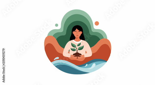 Woman Holding Plant Symbolizing Environmental Care and Growth.