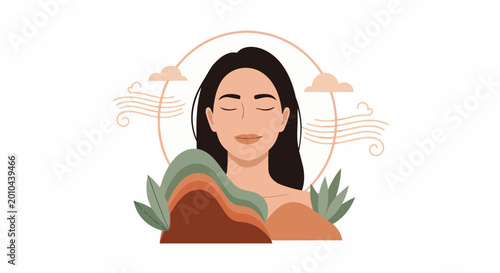 Foto Woman Meditating Peaceful Mind Calm Nature Elements.