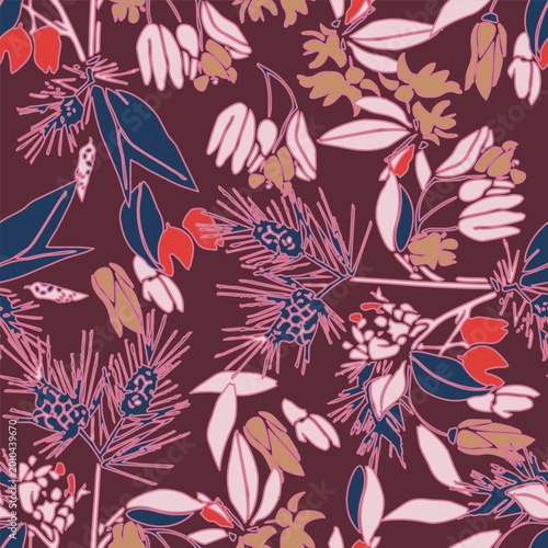 Elegant botanical seamless pattern featuring stylized pine branches, cones, and flowers. Ideal for luxury textiles, fashion, and modern wallpaper.