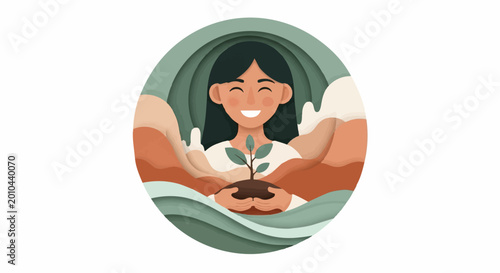 Young woman holding a small plant in her hands.