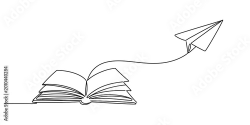Billede på lærred Continuous single line drawing of an open book with a paper airplane flying out
