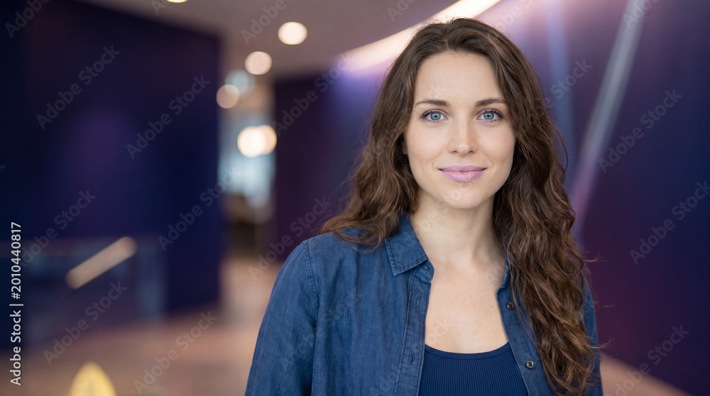 Obraz premium Portrait of Confident Young Businesswoman in Modern Office Setting with Professional Lighting