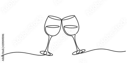 Photography Continuous single line drawing of two wine glasses clinking together for a celeb