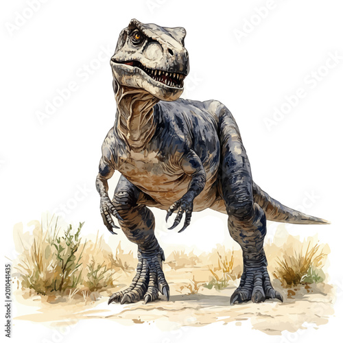 Photos Allosaurus, cute watercolor illustration with intricate patterns and vibrant splashes, isolated on a white background