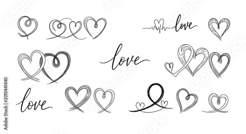 Collection of hand-drawn heart doodles and calligraphic love lettering