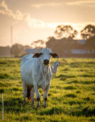 White cattle stand in a sunlit green field at dusk, with trees and buildings in the background