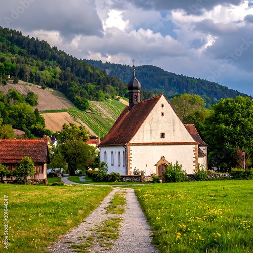 White church with spire, nestled in a green rural valley with rolling hills