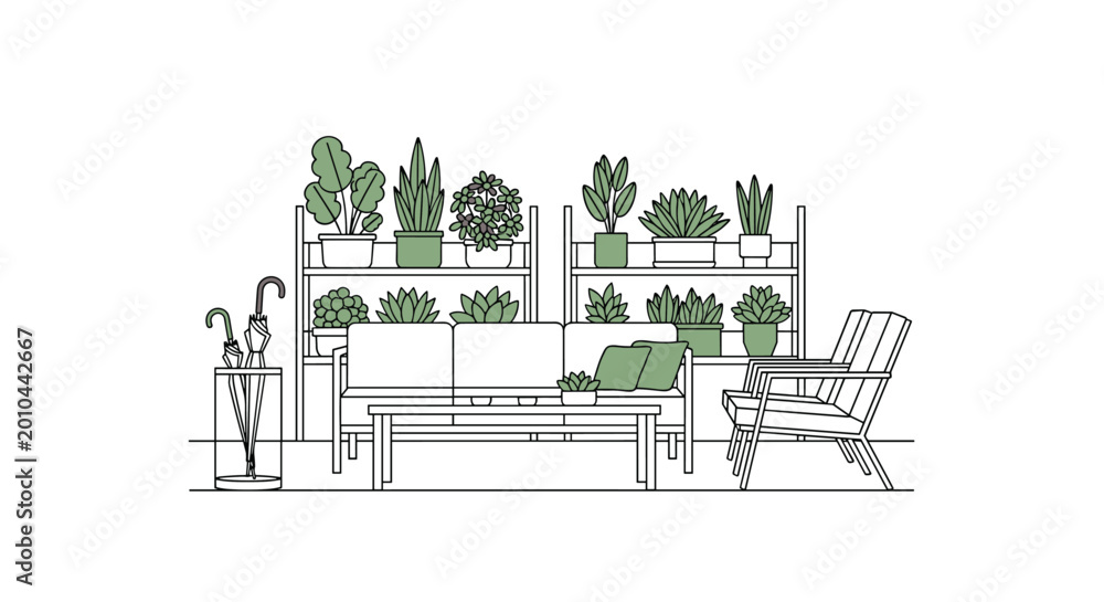 Naklejka premium Line art drawing of patio scene with three seater sofa, coffee table, two chairs, and many potted plants on shelves and floor.