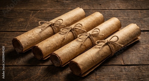 Four Vintage Antique Paper Scrolls Tied with Jute Twine on Rustic Dark Wooden Background, Old Manuscript Document Roll, Historical Mystery Concept