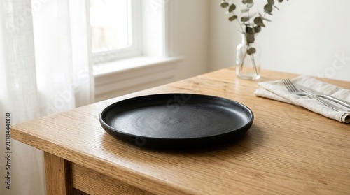 Black plate on wooden table with natural light