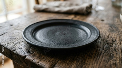 Black plate on wooden tabletop