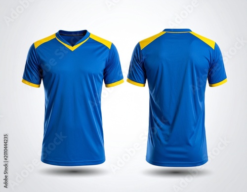 Blank Blue and Yellow V-Neck Soccer Jersey Mockup Front and Back View