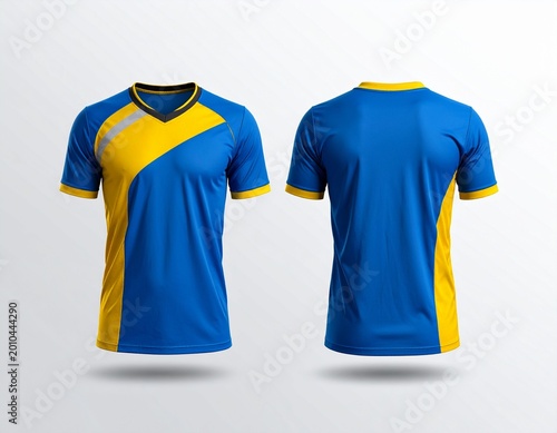 Blue and yellow short-sleeved sports t-shirt, front and back views