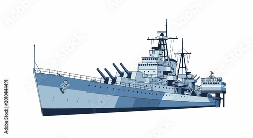 Stylized illustration of a large, gray and blue warship with multiple guns