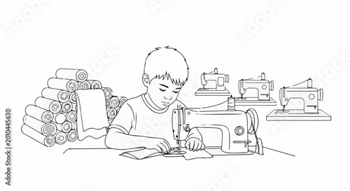 Young boy sewing with sewing machines and fabric rolls in the background