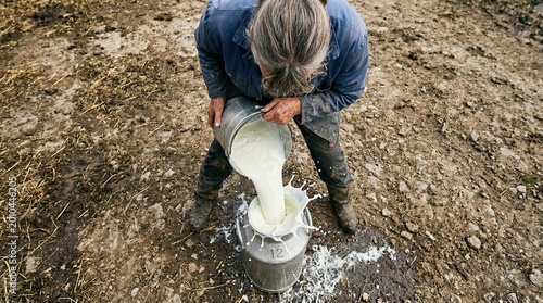 Person pouring liquid from container into another outdoors