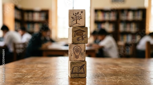 Stacked wooden blocks with etched symbols on table in library