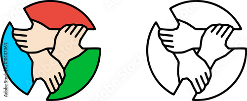 Unity and teamwork icon with three hands holding each other in a circle