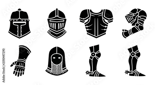 Tableau sur toile 8 Knight Armor silhouette icons helmet gauntlet chestplate, solid black style, m