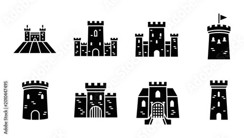 Quadro su tela 8 Castle silhouette icons tower fortress gate, solid black style, medieval archi