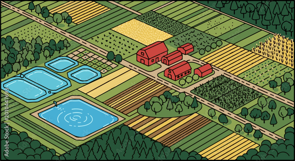 Fototapeta premium An isometric view of a rural farm with fields and ponds