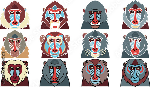 Photography Mandrill Monkey Face Collection with Colorful Tribal Patterns and Different Expressions Cartoon Primate Animal Avatars Illustration Set for Design