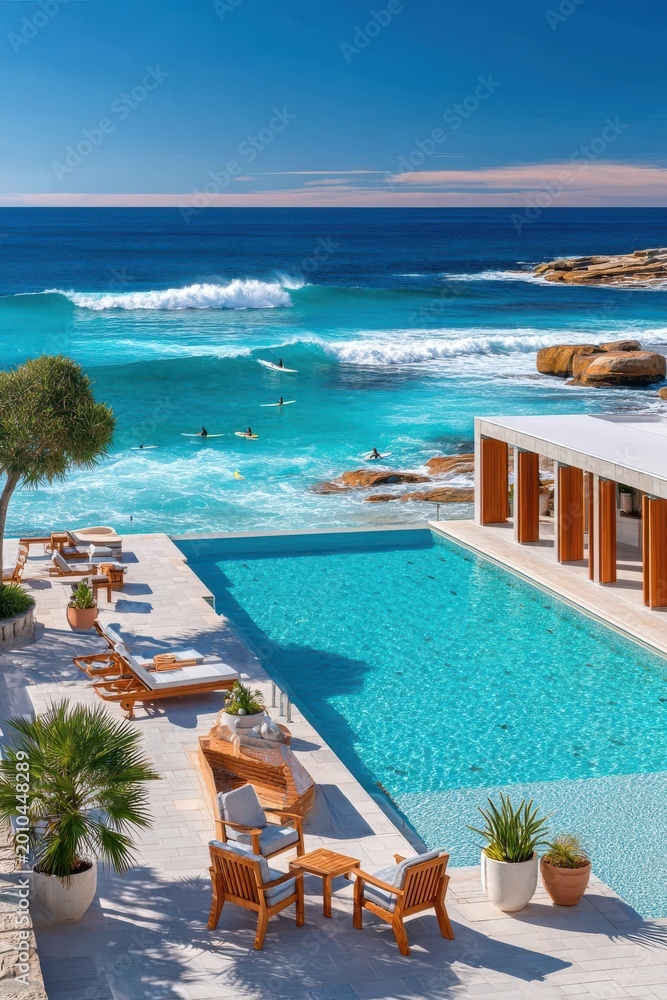 Fototapeta premium Luxurious oceanfront pool terrace overlooking surfers, turquoise sea and rocky coastline at a sunny resort