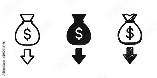 Fotografía Money Bag with Down Arrow for Spending and Withdrawal Icon Set