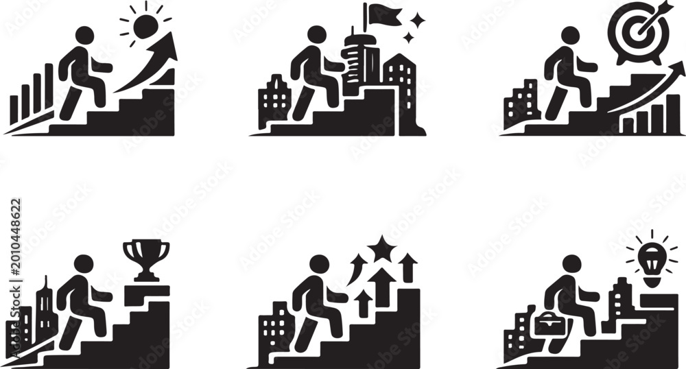 Obraz premium Personal development concepts. Person Walking Up Stairs Vector Icon Set Symbol of progress, growth, and achievement in an urban environment, perfect for business, success silhouette vector