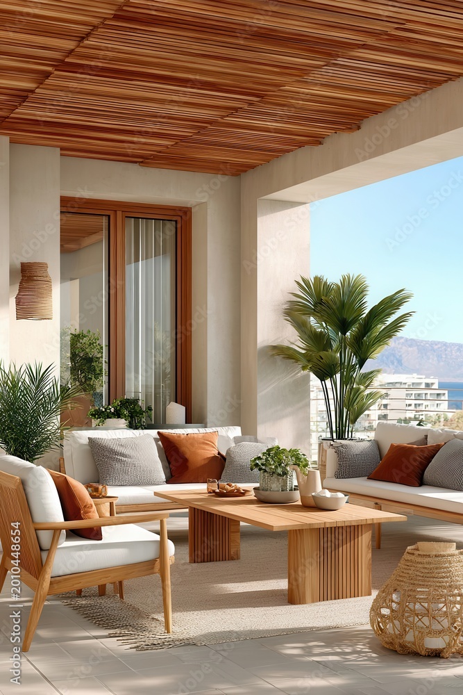 Naklejka premium Sunny wooden terrace with modern outdoor furniture, cozy seating and coastal views for relaxing gatherings