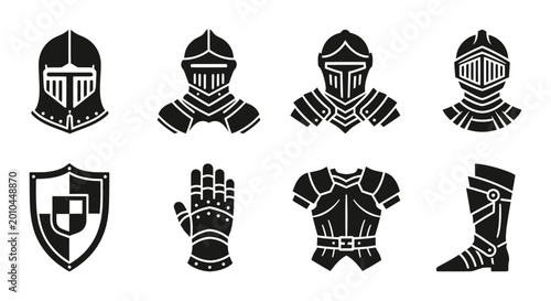 Tableau sur toile 8 Knight Armor silhouette icons helmet shield gauntlet chestplate, solid black s