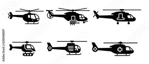 Tableau sur toile 6 Helicopter silhouette icons military medical transport aircraft, solid black s