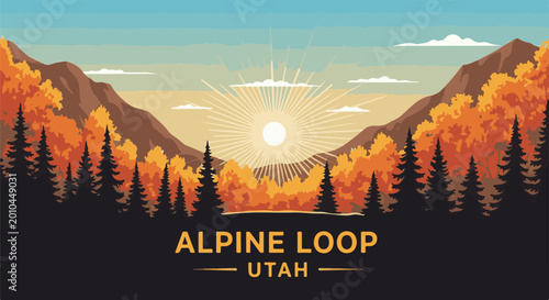 Vibrant autumn forest with sunbeams over mountains and 