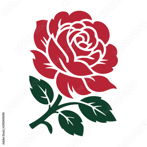 Elegant red rose illustration with green stem and leaves