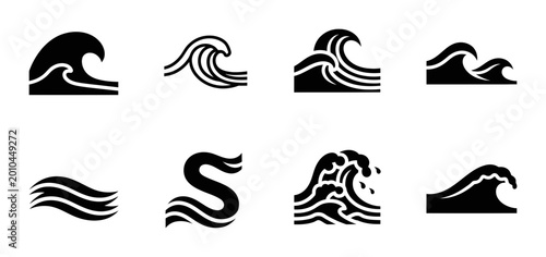 Bild auf Leinwand 8 Ocean Wave silhouette icons set, solid black style, nature travel beach vacati