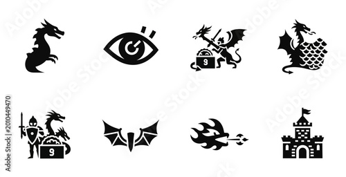 Photos 8 Fantasy Dragon silhouette icons castle knight wings eye, solid black style, ga