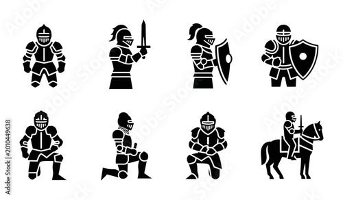 Photos 8 Knight silhouette icons sword shield horse, solid black style, medieval histor