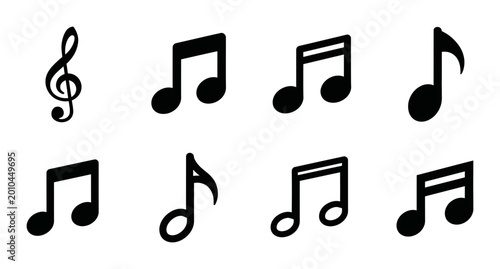 Photos 8 Music Note silhouette icons treble clef eighth sixteenth, solid black style, h