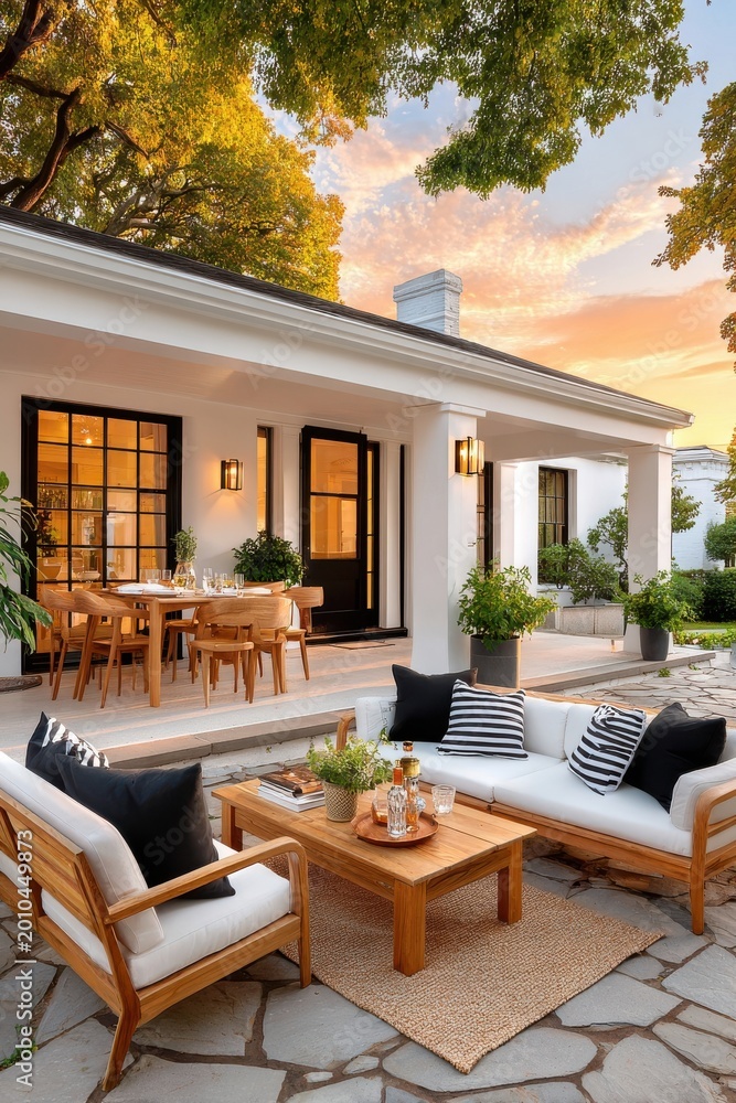 Fototapeta premium Outdoor patio with modern wooden furniture, dining table and cozy lounge at sunset