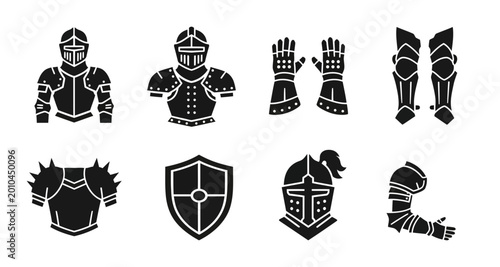 Fotografía 8 Knight Armor silhouette icons helmet shield gauntlet, solid black style, medie