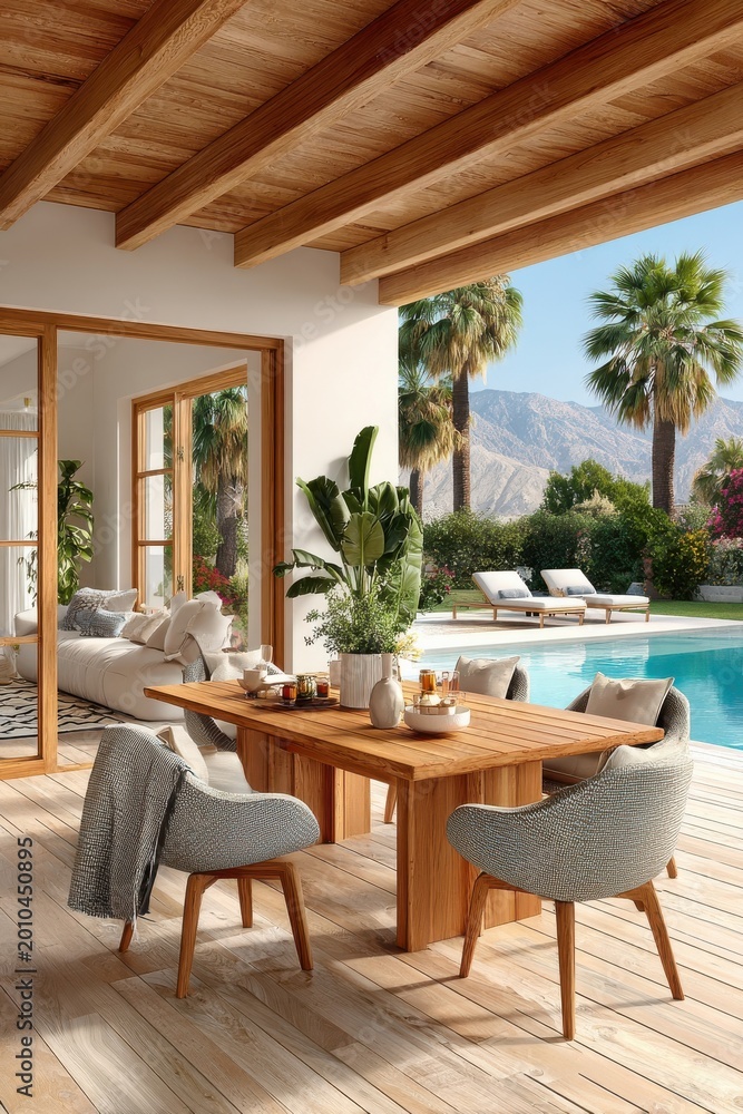 Fototapeta premium Outdoor wooden dining table and chairs on a sunny poolside patio with palms and mountain view