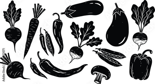 Vegetable silhouette collection hand drawn illustration of fresh produce