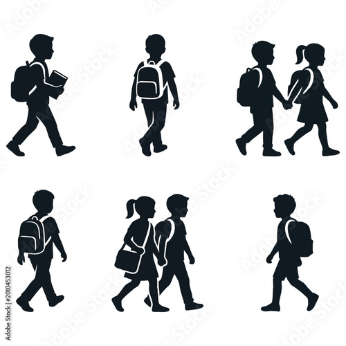 Set of School Children Silhouettes Walking with Backpacks - Back to School Concept