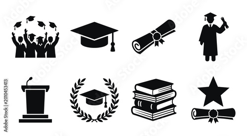 Graduation Icon Set - Academic Achievement Silhouettes including Mortarboard, Diploma, Graduate Students, and Books