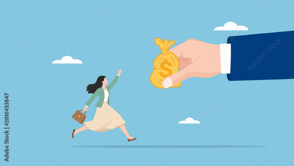 Fototapeta premium Business woman reaching for money bag held by large hand in financial opportunity.