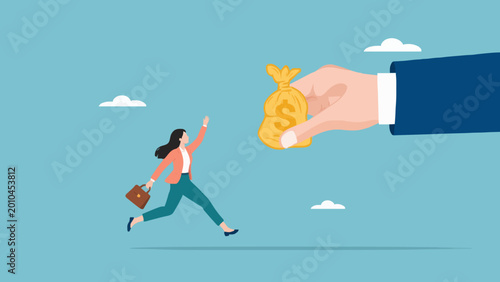 Schilderij op canvas Woman running towards giant hand holding money bag, concept of chasing income opportunity