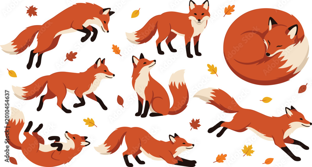 Obraz premium Cute Fox Character Collection with Different Poses and Actions, Cartoon Woodland Animal Set with Running, Sleeping, Sitting, Playing Autumn Theme Vector Illustration Design.