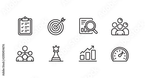 Set of black business and strategy line icons for planning, goals, teamwork, and analysis.